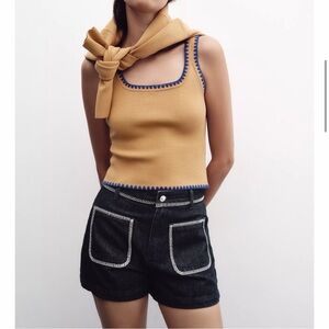 NEW Zara CONTRAST EMBROIDERY KNIT TOP Mustard Camel Blue